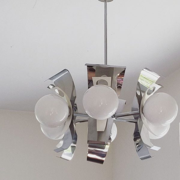 Lustre vintage space age - chrome et opaline 6 feux
