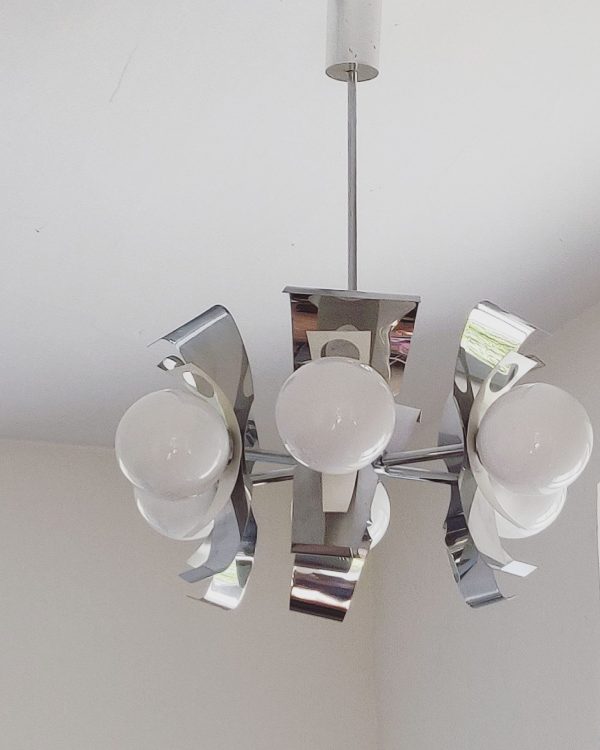 Lustre vintage space age - chrome et opaline 6 feux