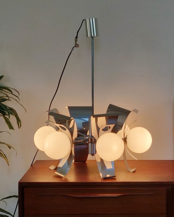 Lustre vintage space age - chrome et opaline 6 feux – Image 4