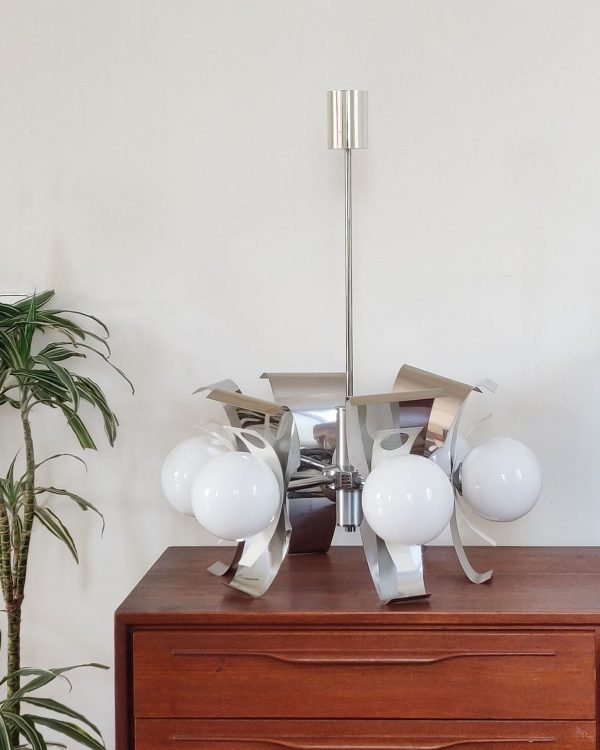 Lustre vintage space age - chrome et opaline 6 feux – Image 2