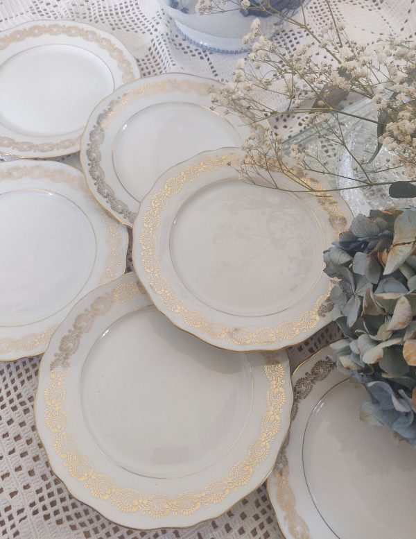 Set de 6 assiettes à dessert porcelaine blanche et or – Image 4