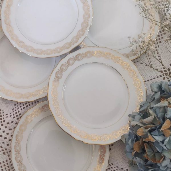 Set de 6 assiettes à dessert porcelaine blanche et or