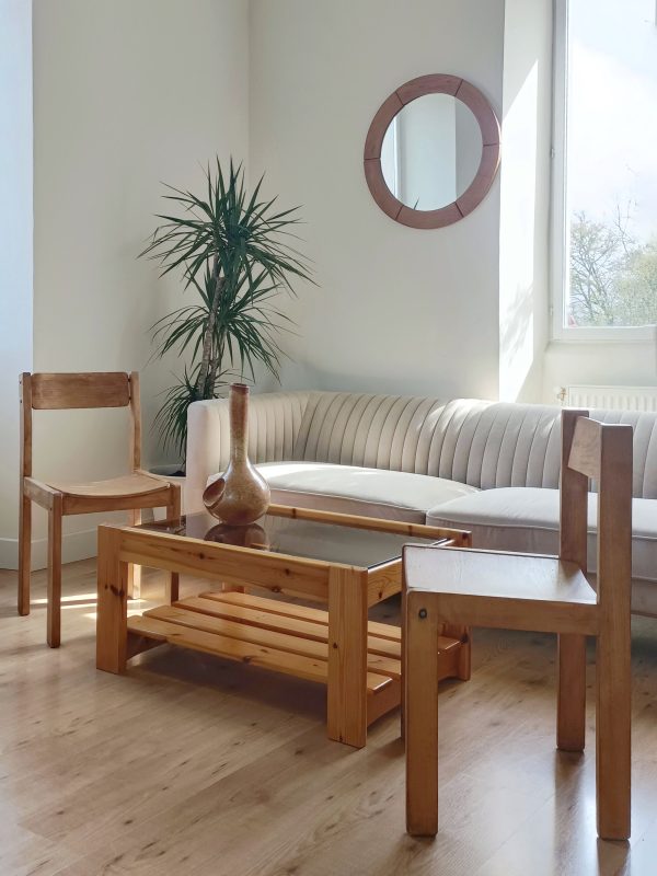 Table basse en pin et verre fumé années 70 – Image 3