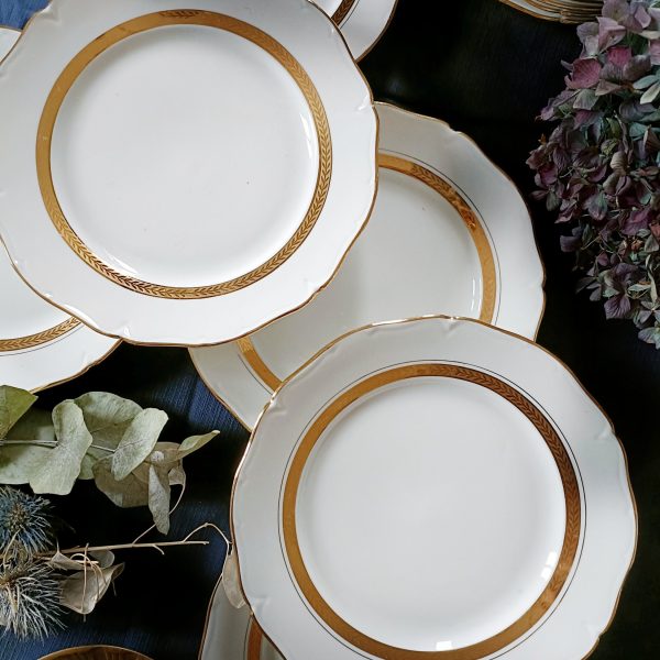 Set de 6 assiettes à dessert en porcelaine blanche et dorée