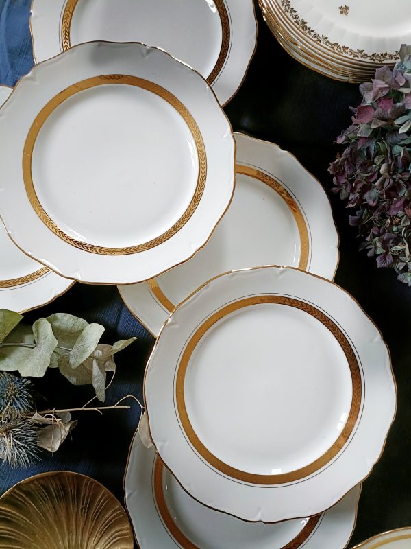 Set de 6 assiettes à dessert en porcelaine blanche et dorée