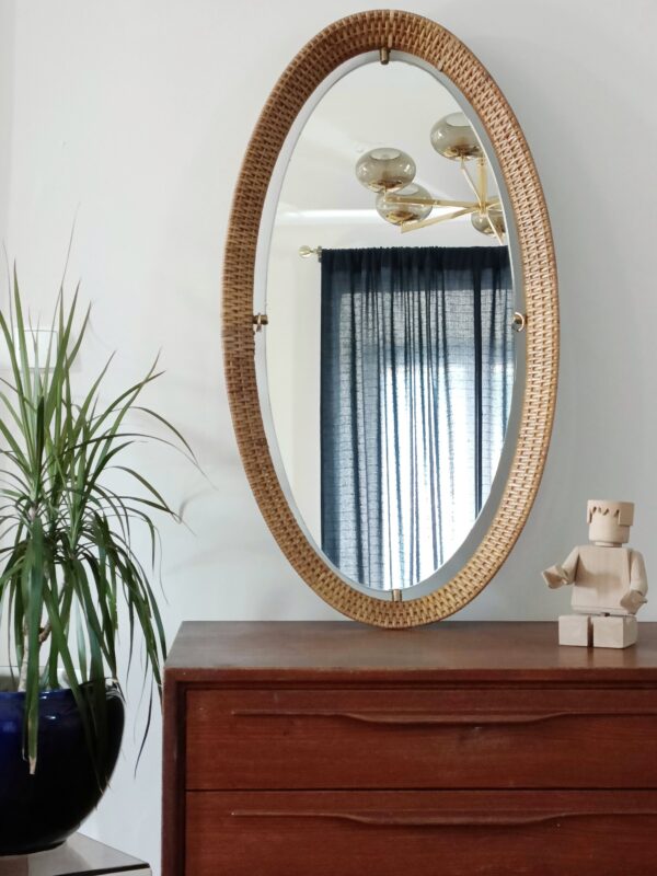Miroir italien rotin et laiton années 50
