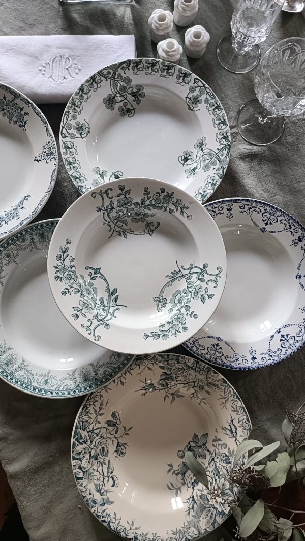 Ensemble dépareillé de 6 assiettes creuses Terre de fer bleues/vertes