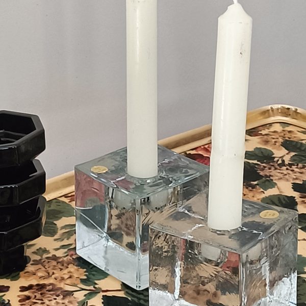 Paire de bougeoirs cubique en verre vintage