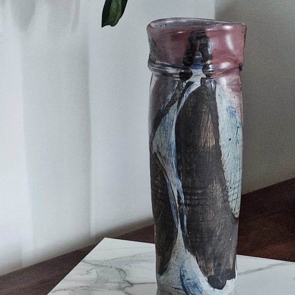Vase rouleau vintage en céramique abstraite - signé