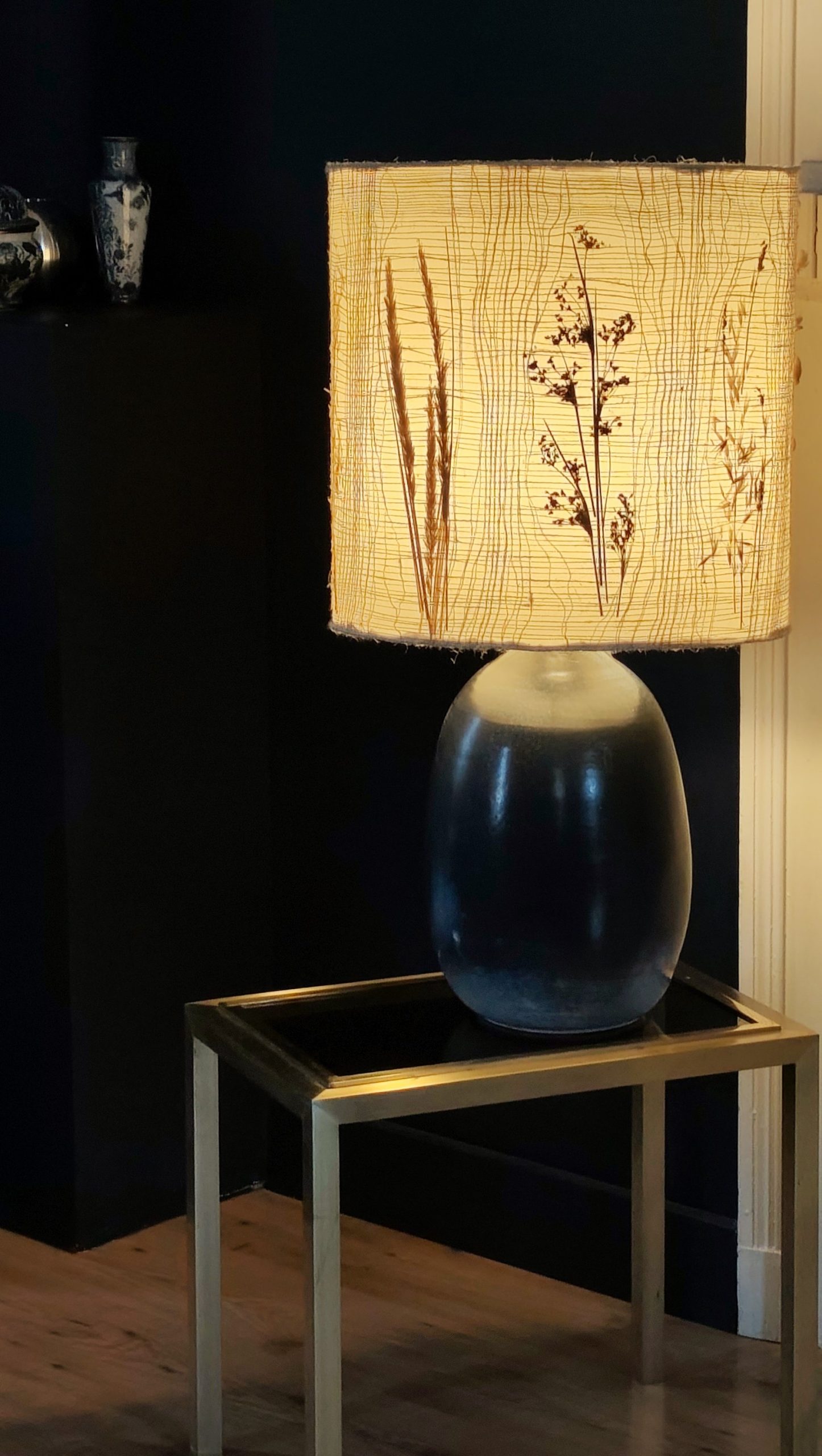 Lampe céramique vintage, abat-jour herbier